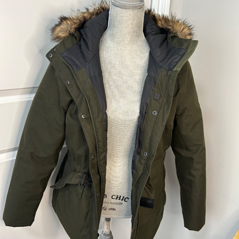 Women's North Face Mirabella Belted Hooded Down Jacket Green Size LG - Picture 3 of 5